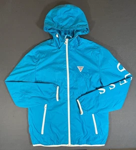Guess Windbreaker Jacket Size Small Hoodie Blue Lightweight Rain  Zip - Picture 1 of 9