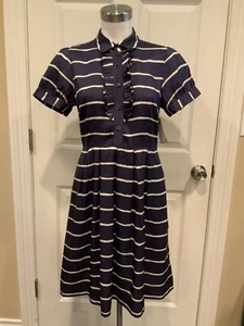 Kate Spade Navy Blue & White Striped Collared Ruffle Front Dress, Size 4 (US) - Picture 1 of 10