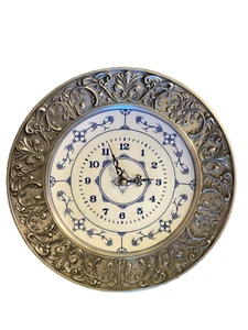 Vintage Wall Clock German BMF 95% Zinn Blue & White Porcelain Plate Pewter Borde - Picture 1 of 15