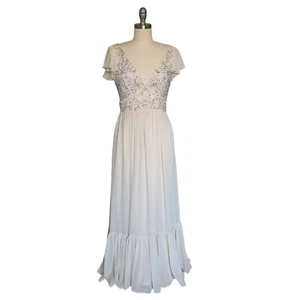 BHLDN Daphne Flutter Sleeve Cream Sequins Prom Formal Wedding Maxi Dress 6 - Picture 1 of 7