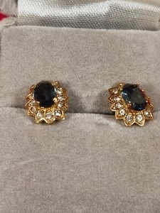 The Attwood Collection Oval Blue Sapphire Earrings W/ CZ Halo Yellow Gold Plate - Picture 1 of 12