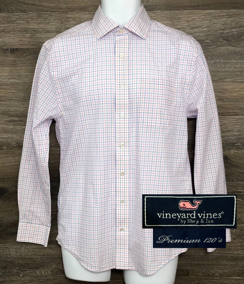 Camisa Cooper Vineyard Vines Hombres Premium 120 Algodón Rosa Azul A Cuadros Manga Larga S Foto 1 de 4