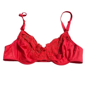 Red Lace Satin Underwire Bra Olga Size 36B Adjustable Straps Hook Closure - Picture 1 of 3