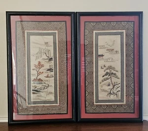 2 Stck. japanische Seide handbestickte Stoffplatten gerahmt 20 Zoll hoch - Bild 1 von 12