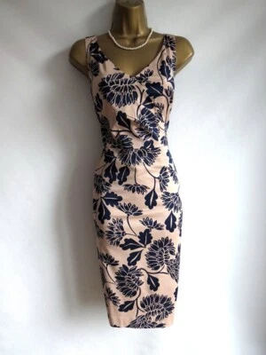 Coast beige navy floral wiggle pencil dress size 14 - Image 1 of 4