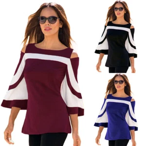 Fashion Womens Colourblock Bell Sleeve Cold Shoulder Blouse Casual Summer Tops - Picture 1 of 10
