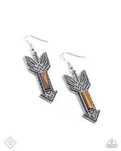 Paparazzi Elemental Exhibit - Brown - Tiger's Eye Stone - Silver Arrow - Earring - Picture 1 of 3