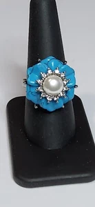 Blue Howlite & Shell Pearl Flower Stainless Steel Ring- Size 8 - Picture 1 of 4