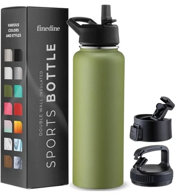 FINEDINE Triple Insulated Stainless Steel Water Bottle with Straw Flip Top Lid 1180ml