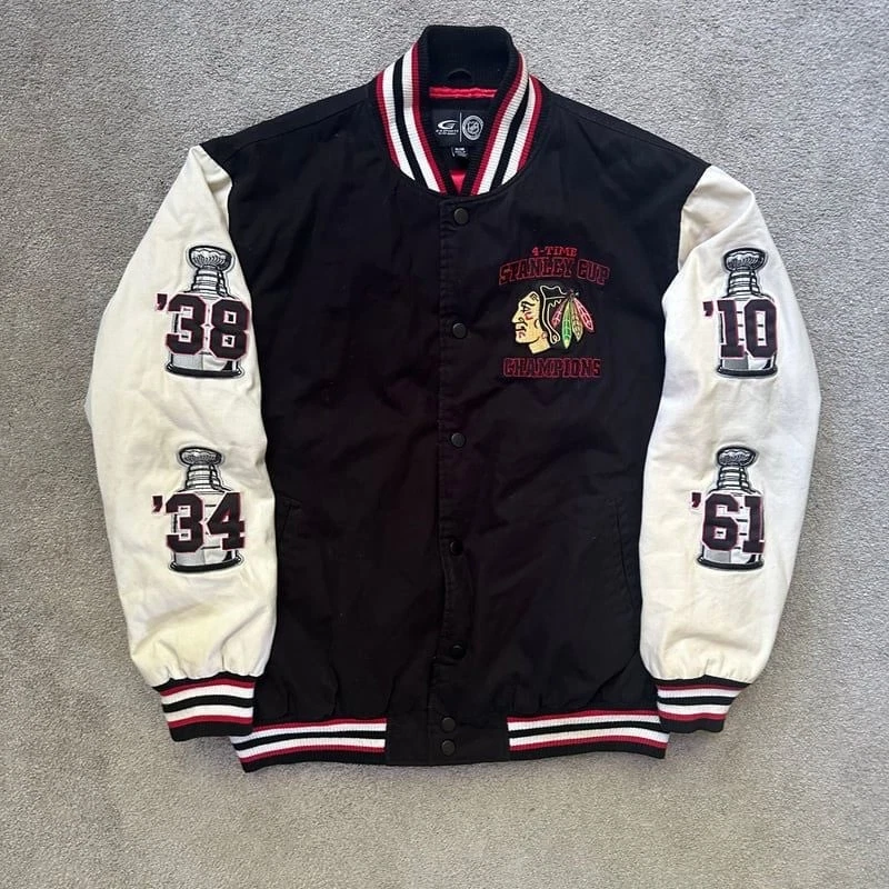 Chicago Blackhawks 4-Time Stanley Cup Champions Varsity Jacket - Black/White - Image 1 of 4