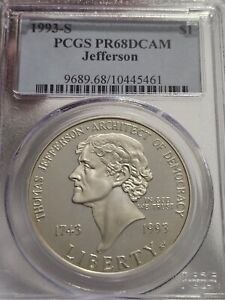 1993 S San Francisco Jefferson Commemorative Silver Dollar PCGS PR68 DCam