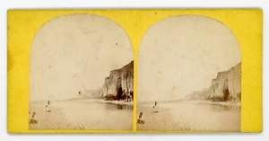 Victorian Stereoview 1800s Family on Beach Next to White Cliffs With Harbour - Picture 1 of 2
