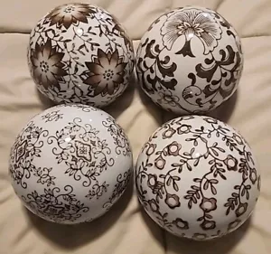 Vintage 4" Cream & Brown Floral Porcelain Orb Decorative Spheres Ball SET OF 4 - Picture 1 of 7