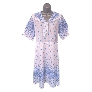 VINTAGE 1970s Dress Size S/M White Blue Floral Pleated Shawl Collar Vtg Coquette - Picture 1 of 16
