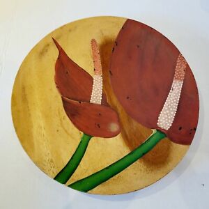 Palecek MCM Mid Century Hand Carved Painted Wooden Plate Wall Decor Lily Rare!