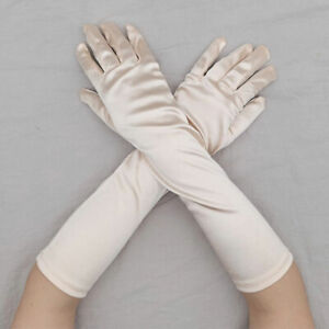Mid Length Satin Gloves Wedding Full Finger Elegant Stretch Mittens Solid Color/