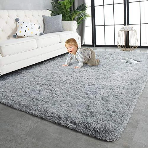  Super Soft Shaggy Rugs Fluffy Carpets, Indoor Modern Plush Area 8x10 Feet Grey - Image 1 of 4