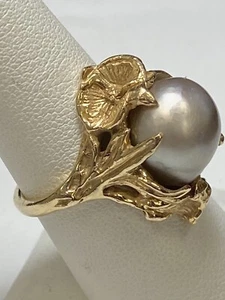 14K Yellow Gold Flourish Art Deco Jumbo Keshi Pearl Ring Size 8. - Picture 1 of 12
