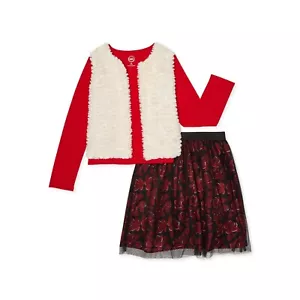 Wonder Nation Girls Faux Fur Vest, L/S Top & Tulle Skirt Outfit Set, X-Small 4-5 - Picture 1 of 4