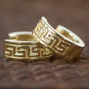 14k Gold Plated Men's Solid Sterling Silver Small Greek Key Hoop Huggie Earrings - Picture 1 of 4