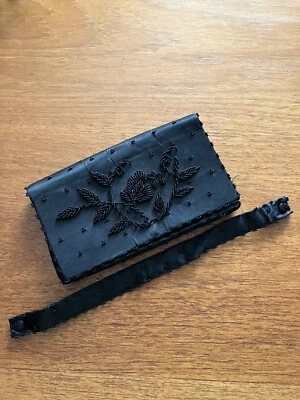 Vintage 1960s Handmade Black Satin Beaded Handbag With Removable Strap Clutch - Image 1 of 4