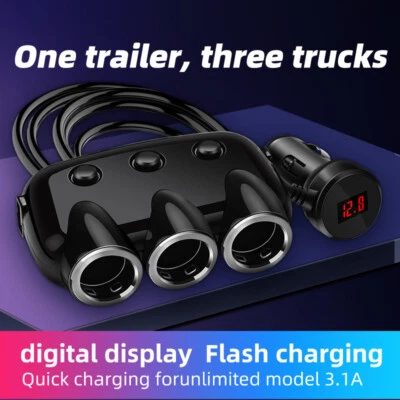 12V/24V Car Cigarette 3 Socket Splitter Charger  w/z Extension Cable LCD Display - Image 1 of 4