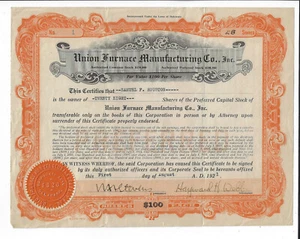 PENNSYLVANIA 1921 Union Furnace Manufacturing Co Stock Certificate #1 Altoona - Picture 1 of 2