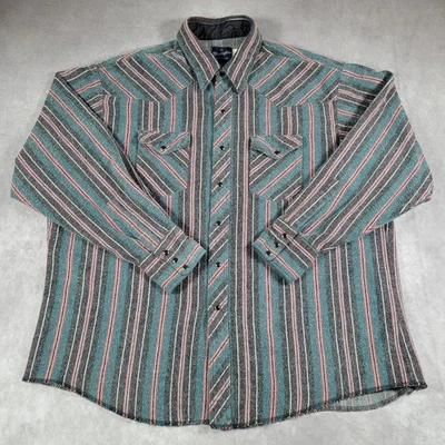 Wrangler Shirt Mens 2X Big Green Gray Striped Western Snap Twill Flannel Work - Image 1 of 4