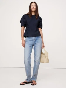 BANANA REPUBLIC Cotton Poplin Puff-Sleeve Top NWT - Size 6 Navy Blue #742563 - Picture 1 of 7