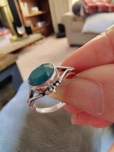 Sterling Silver 925 Jadeite Ring Oval Faceted Green Gemstone Boho Vintage Style - Picture 1 of 11