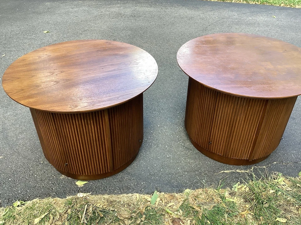 LANE First Edition MCM Mid Century Round Cabinet End Tables, Nightstands, A Pair - Image 1 of 4