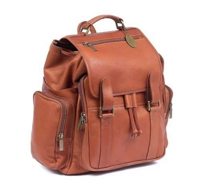 Claire Chase Jumbo Laptop Leather Saddle Tan Double Loop Travel Work Backpack - Image 1 of 4