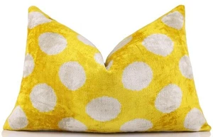 Luxury Silk Velvet Pillow 16x24 – Handmade Yellow Polka Dot Lumbar Cushion - Picture 1 of 6