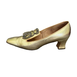 Vtg! Women Shoes Sz 7.5 Gold Peasant Queen Square Toe Antique Old Fashion NICE! - Picture 1 of 11