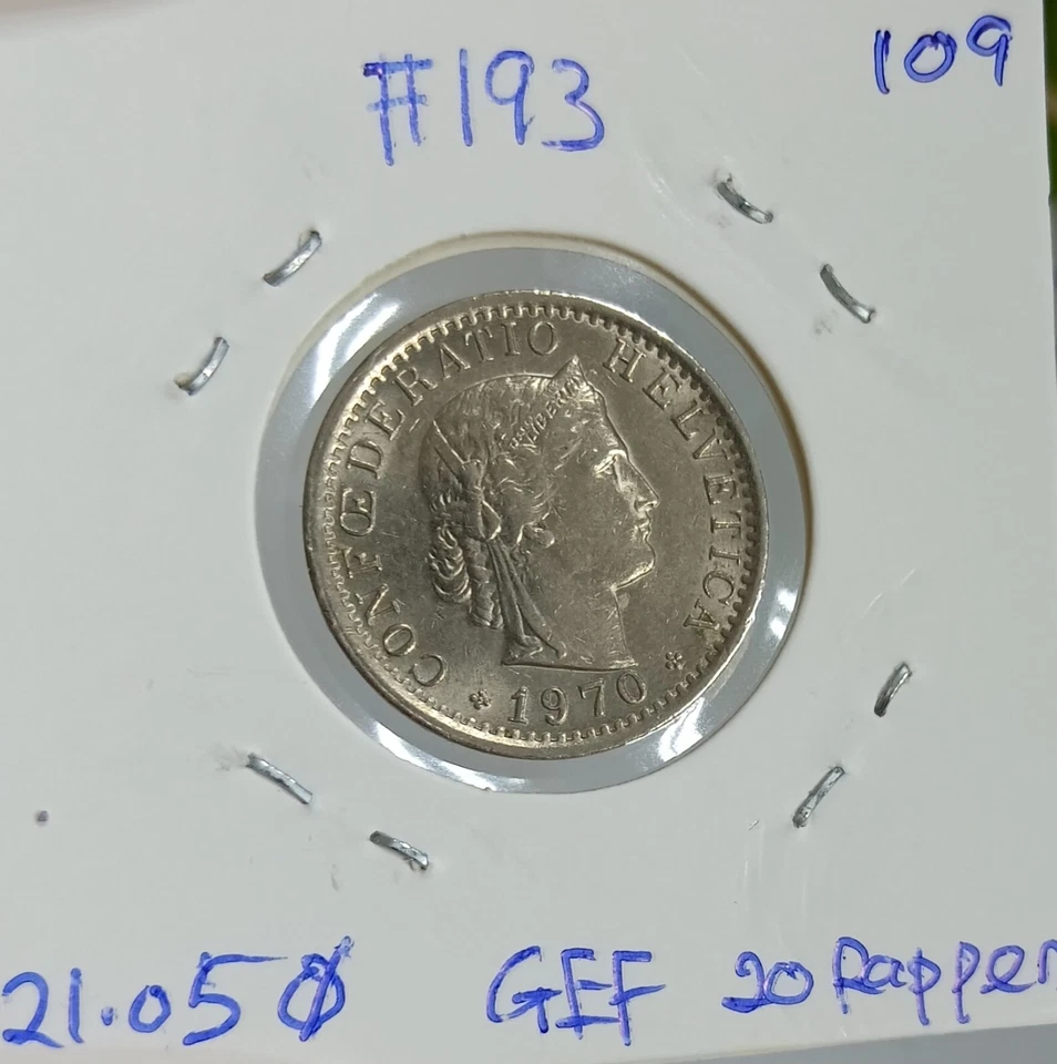20 Rappen Switzerland Coin 1970 (GEF) #193 - Image 1 of 2