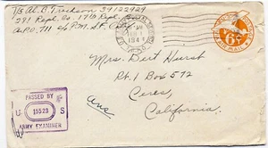 US 1944 Army Soldier Airmail Censor Cover APO 711 281 Repl Co Australia to CA - Picture 1 of 2