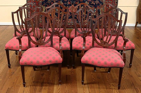 Gorgeous Set of 10 Baker Historic Collection Chairs With Salmon Fabric Cover