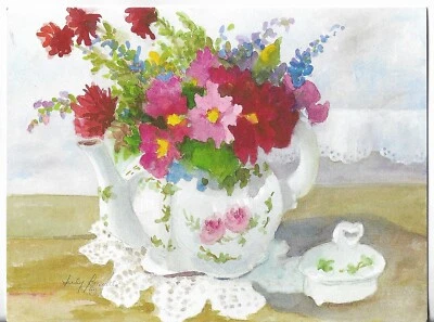 NEW LEANIN TREE Card apx 7.25x5.5 Tea Posies Watercolor Judy Buswell BLANK - Image 1 of 3