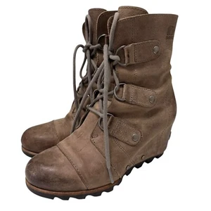 Sorel Joan of Arctic Boot Mid Lace Up Wedge Dark Fog Grey Taupe Women’s 7.5 - Picture 1 of 13
