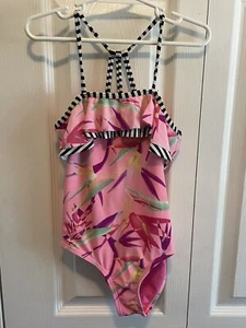 Limited Too Swimsuit Girls Size 6X Pink Floral Black And White Strips Hawaiian - Picture 1 of 11