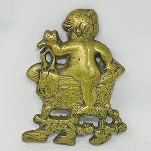 Vintage Brass Child Bath With Frog Wall Plaque Decor Baby Bath Bathroom Sign - Picture 1 of 17