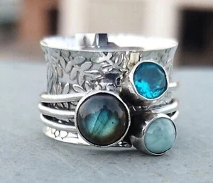 Labradorite, Blue Topaz, Larimar Ring 925 Sterling Silver Spinner Handmade Ring - Picture 1 of 5