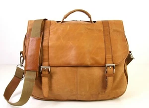 Pelle Studio TAN BROWN LEATHER FLAP SHOULDER BAG PADDED LAPTOP BAG BRIEFCASE - Picture 1 of 10