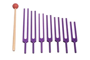 NUEVO JUEGO DE 7 diapasones de chakra púrpura para curación de sonido golpeador y bolsa gratis - Imagen 1 de 5