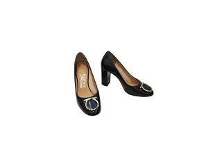 SALVATORE FERRAGAMO Black Patent Leather Ena Gancini Block Heel Pumps - Size 7B - Picture 1 of 5
