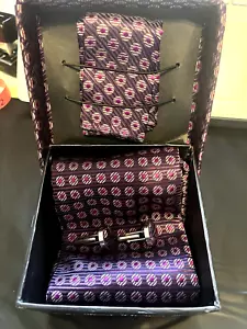 Aurelio Valentino Italy Gift Box Tie Handkerchief Cuff Links Deep Purple Stripe - Picture 1 of 11