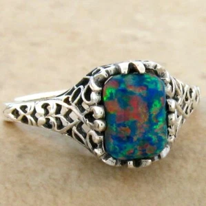 CLASSIC VICTORIAN STYLE 925 STERLING SILVER LAB-CREATED BLACK OPAL RING     693X - Picture 1 of 33