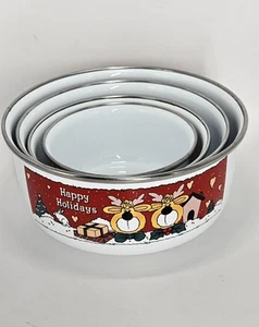 Vintage Nesting Bowls Set of 3 HOLIDAY CHRISTMAS Enamel Metal no lids - Picture 1 of 23