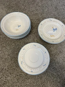 Vintage 10 piece Brick Oven Stoneware - Aunt Rhody Goose Blue Ribbon set - Picture 1 of 4