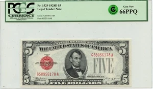 1928D $5 Legal Tender FR#1529 PCGS 66 PPQ Gem GCC Green - Picture 1 of 3